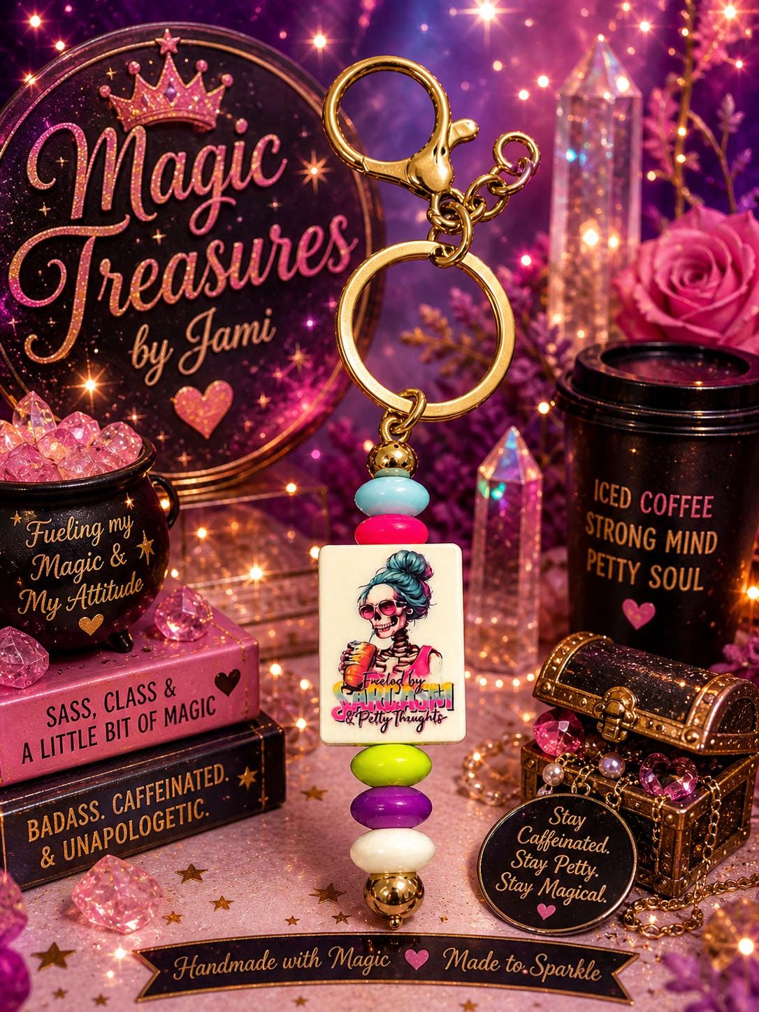 Fueled by Sarcasm & Petty Thoughts – Handmade Beaded Keychain