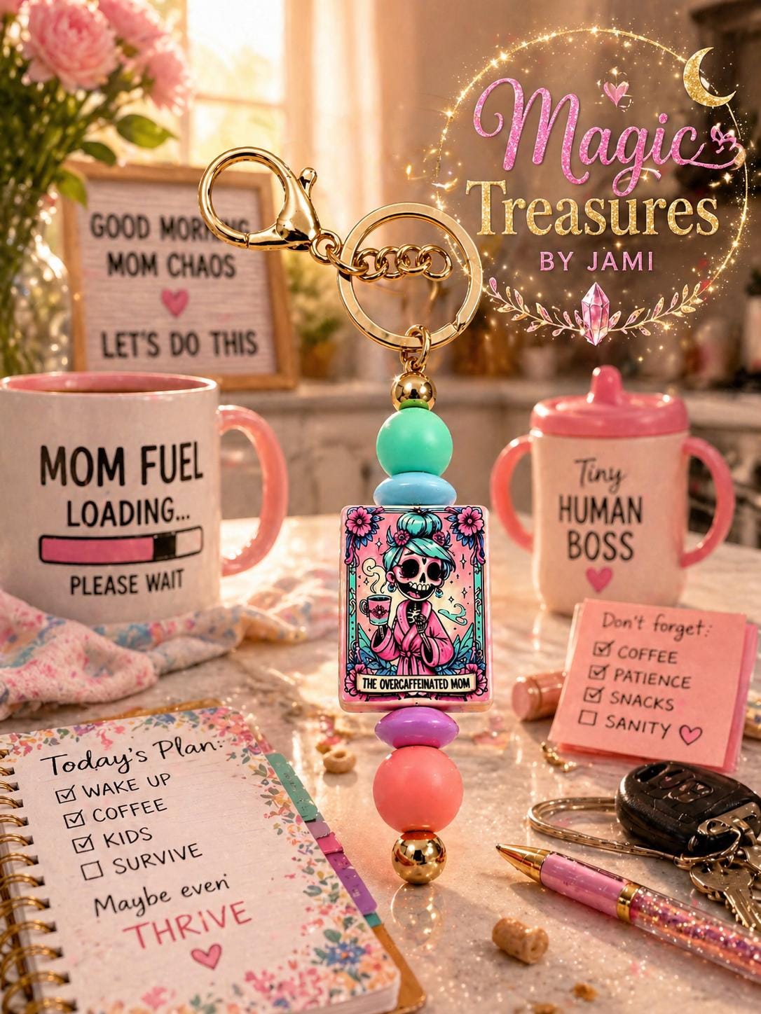 The Overcaffeinated Mom – Handmade Beaded Keychain